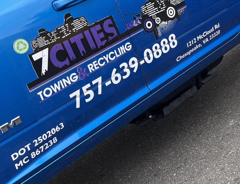 Truck door lettering: the 7 Cities logo, 757-639-0888, 1212 McCloud Rd, Chesapeake, DOT 2502063 and MC 867238